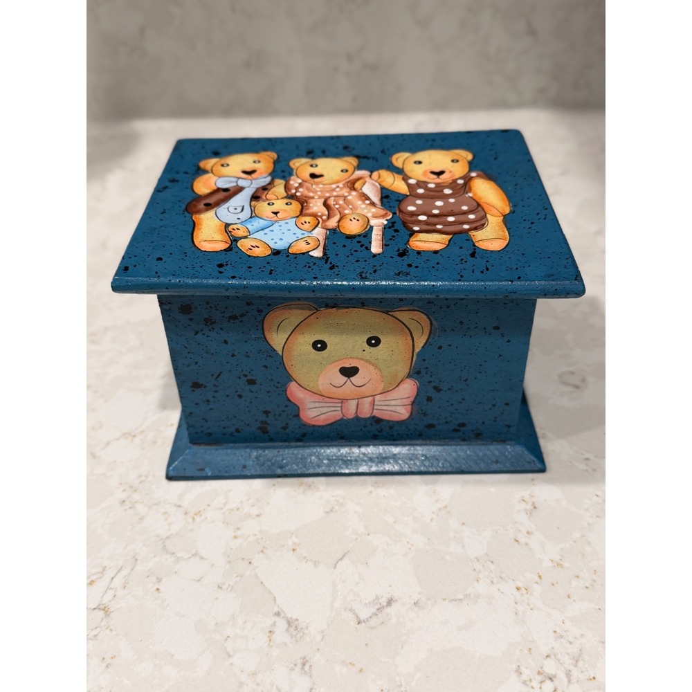 Vintage Hand Painted Teddy Bear Wooden Storage Box Teal Blue Keepsake Chest